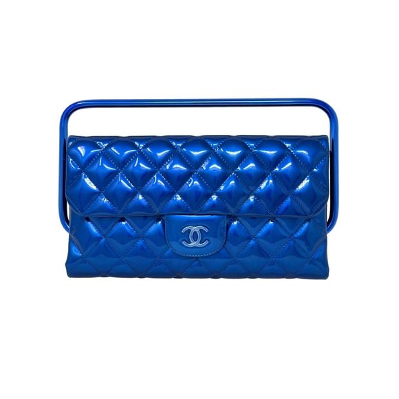CHANEL 2014 Runway Electric Blue Patent Leather Quilted Bag Metal Handle Rectang - Picture 2 of 13